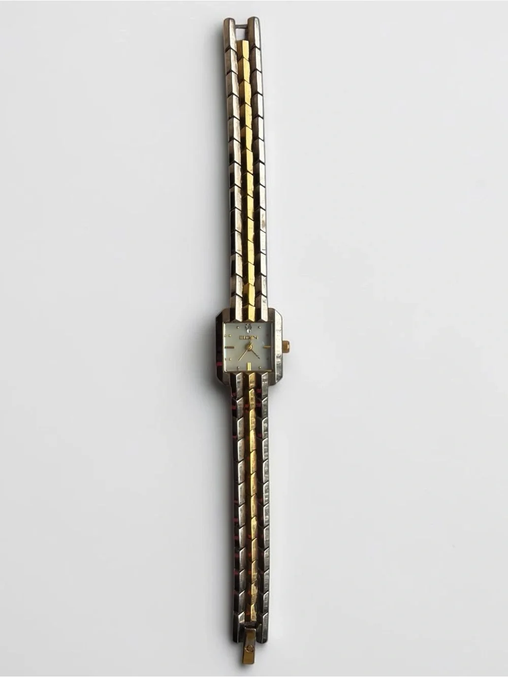 Vintage Elgin Two Tone Gold & Silver Square Face Ladies Watch Pearl Face